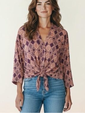 Anthropologie Porridge Geometric Tie-Front Blouse Medium NWT